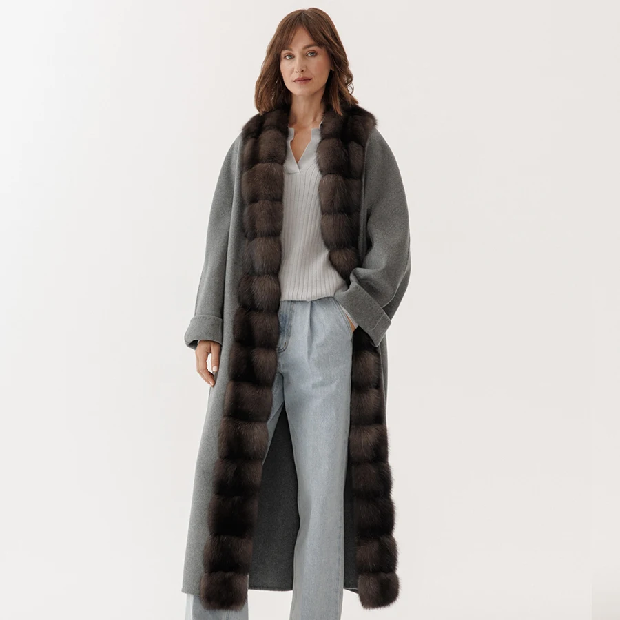Echt Fox Pelz Kragen Mantel Neue Kaschmir Wolle Mantel Frauen Lange Wolle Mäntel Winter Wolle Jacke Frauen
