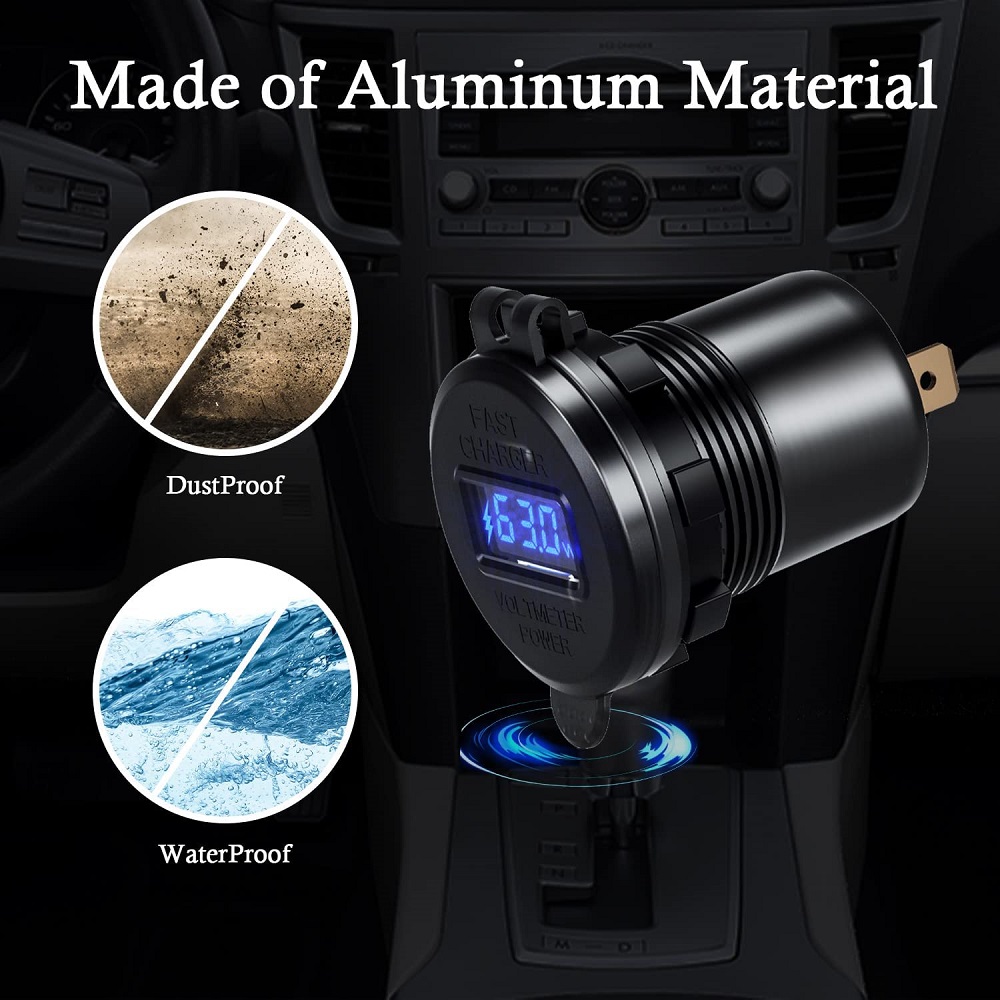 Aluminum 63W PD & QC 3.0 Dual USB Car Charger Socket 12V/24V Power Outlet Adapter Charge Adapter Waterproof Fast Charge Ports