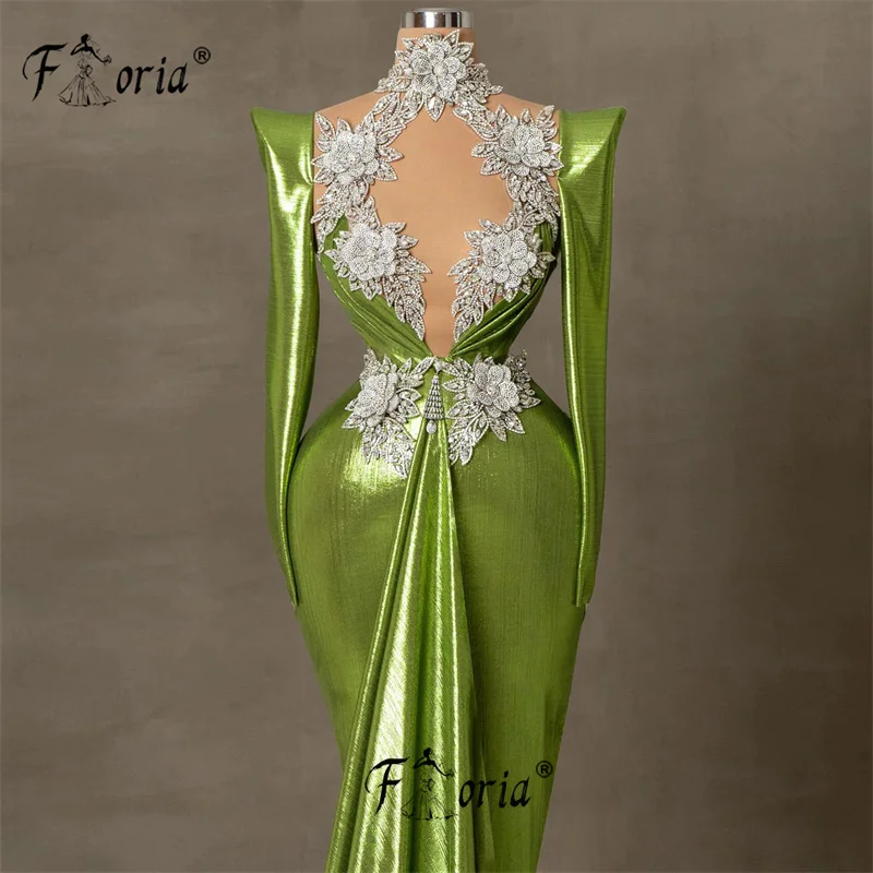 Elagant grün Perlen Meerjungfrau Abendkleid 3d Blumen Kristall glänzend hochwertige Stoff formelle Anlass Kleider Front Tail Gala
