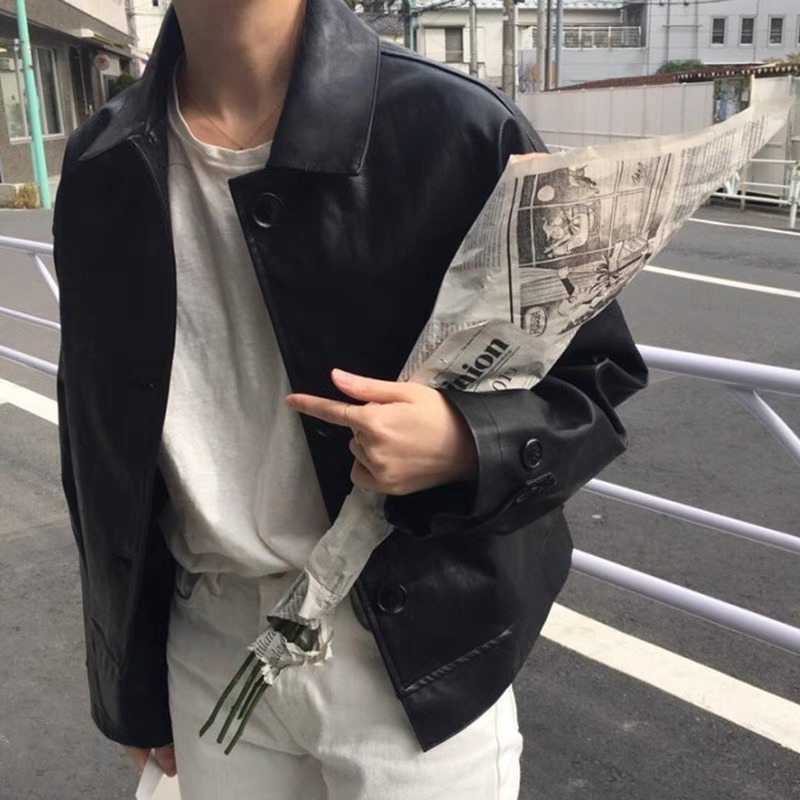 「MD」"A · Fashion" Autumn New Retro Handsome Motorcycle Simple Loose Short Leather Coat Outerwear