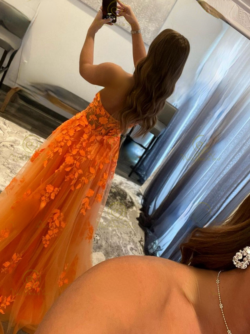 Orange Spitze Appliques Prom Kleider Illusion Liebsten liebsten Tüll EINE Linie Sweep Zug Abendkleider Graduation Party