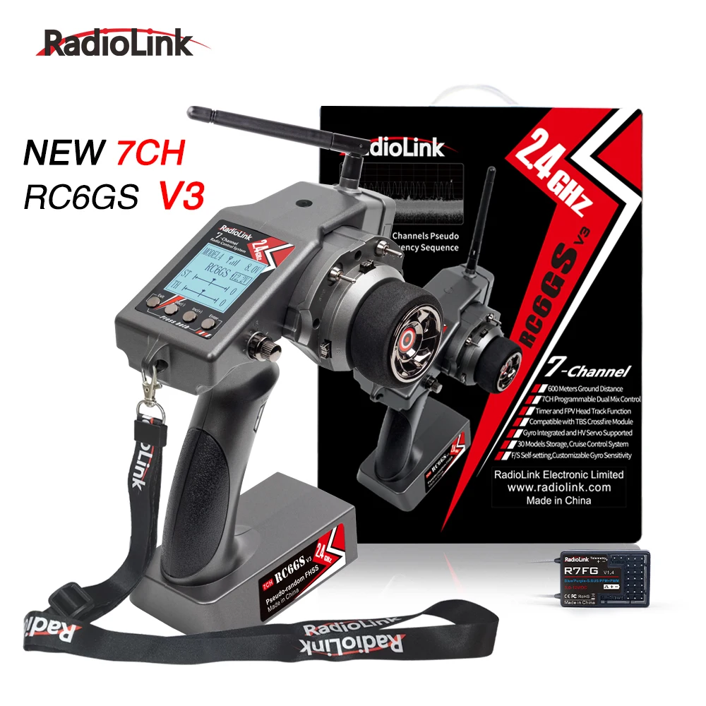 Radiolink RC6GS V3 2.4G 7 チャンネル無線送信機 R7FG 受信機付きジャイロテレメトリ付属 RC カーボート用リモートコントローラー