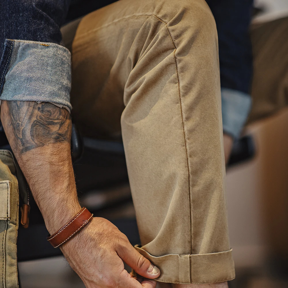 Maden Vintage Heavyweight สีกากี Casual กางเกงผ้าฝ้ายทอลายทแยงตรงกางเกงสําหรับชาย Workwear ฤดูใบไม้ร่วงคลาสสิก Zip Fly กางเกง