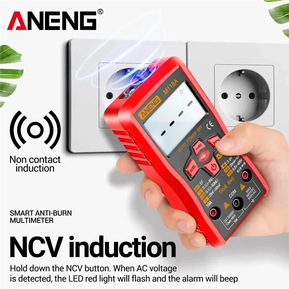 ANENG Digitales Mini-Multimeter, 6000 Zählungen, automatisches Multimetro, DC/AC-Spannungsprüfer, Tranistor-Messgerät, NCV, Datenspeicherung, Taschenlampe M118A