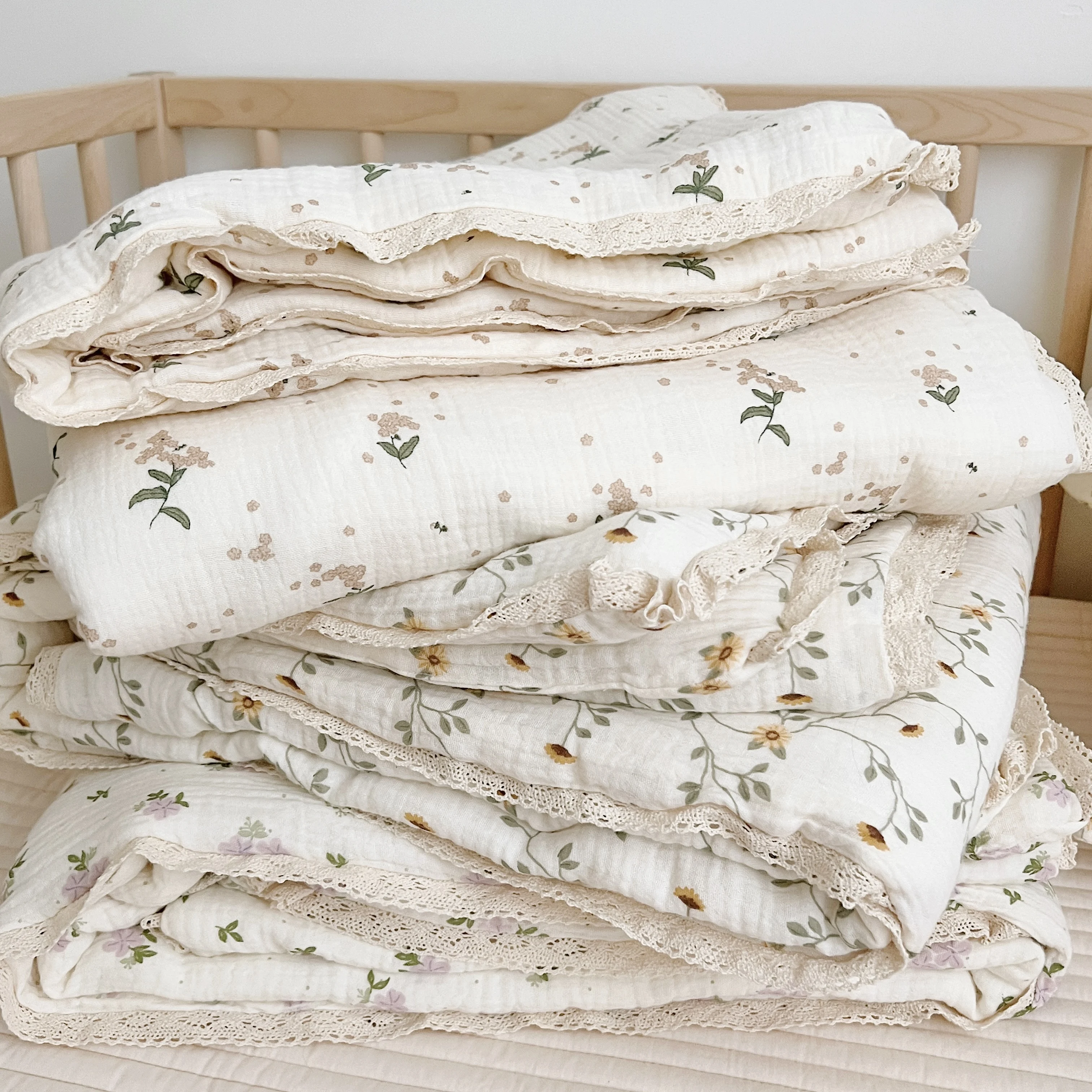 Manta de algodón para bebé, colcha de Camelia, muselina azul, colcha para verano, colcha Floral para bebé