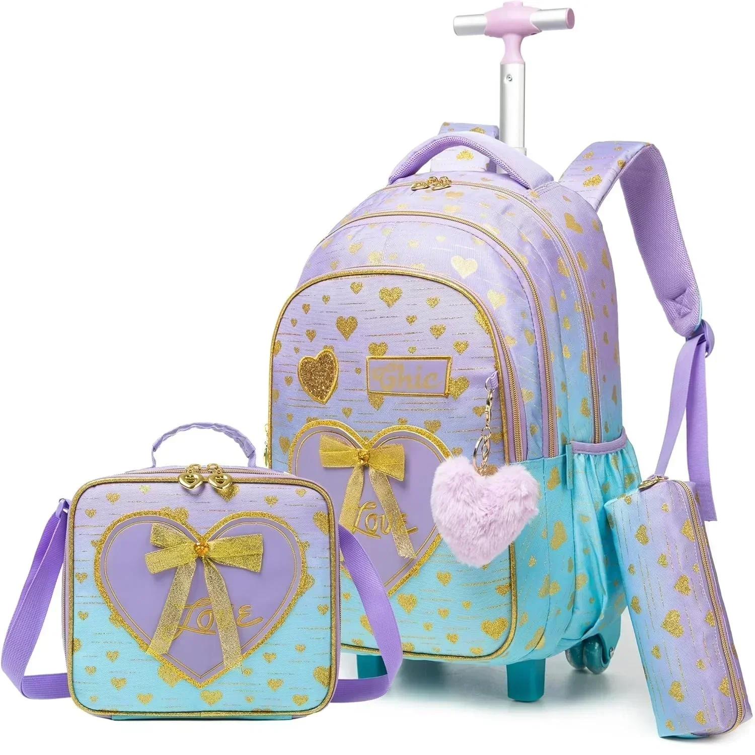 18-Zoll-Trolley-Schultaschen für Mädchen, Kinder, Reisen, Rollrucksack, Schultrolley-Tasche, Set mit Lunchtasche, Kinder-Büchertasche mit Rädern