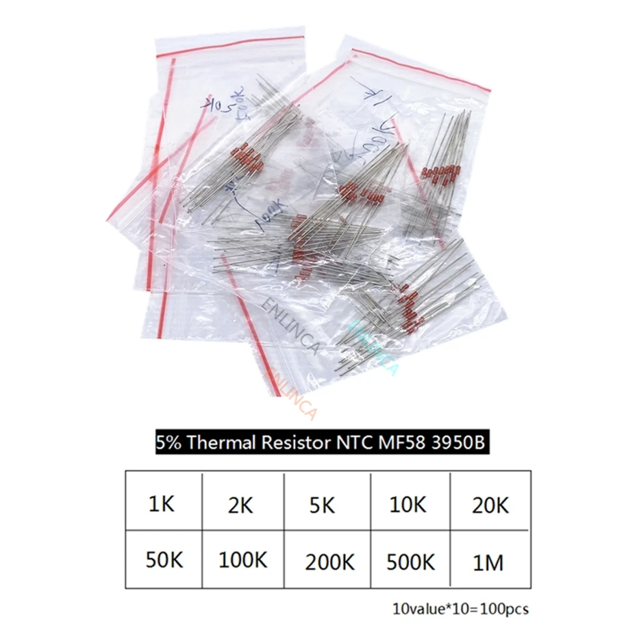 Комплект 10 значений * 10 = 100 шт. Термический резистор NTC MF58 1K 2K 5K 10K 20K 50K 100K 200K 500K 1M 5% 3950B Ом R Термисторный датчик