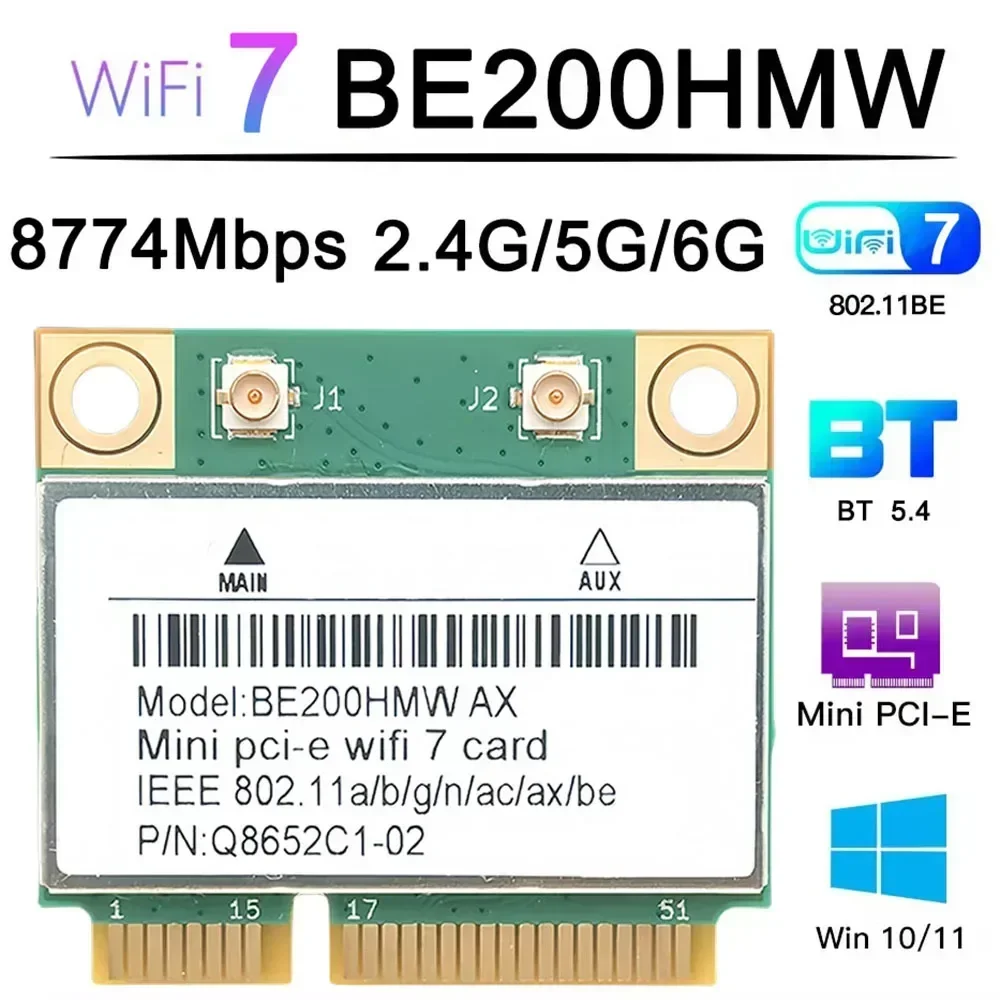 WiFi 7 Mini PCI-E WiFi Card BE200 BE200HMW 8774 Мбит/с 2,4G/5G/6Ghz для Bluetooth 5.4 802.11BE Беспроводной сетевой адаптер для ноутбука