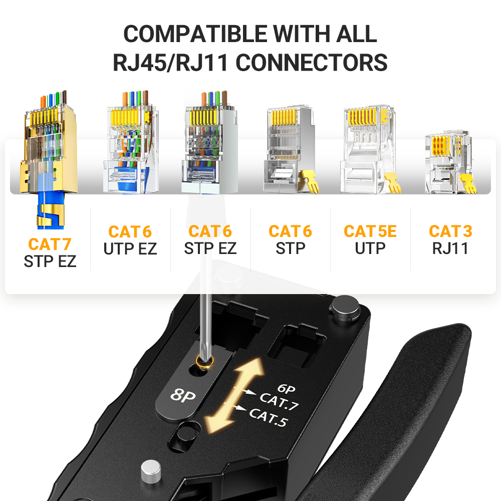 Ampcom rj45 crimper cat7 ferramenta de friso para passagem através do conector rj11 rj 45 cat6 cat5e plugues modulares com cortador de descascador de fio