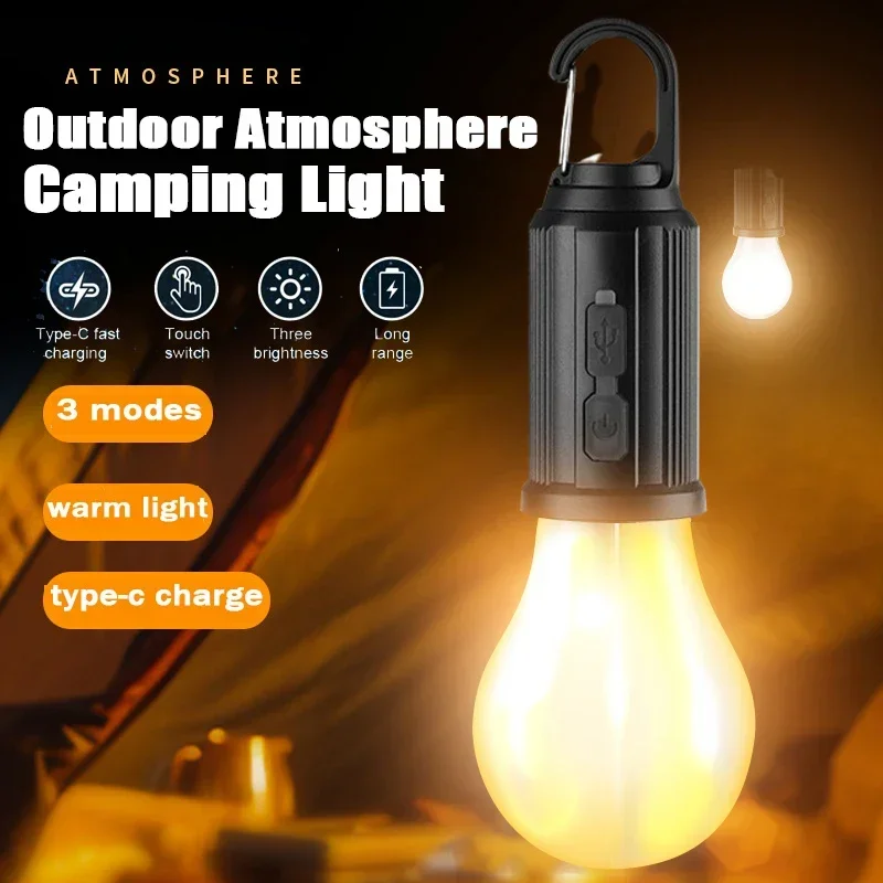 Bombillas de lámpara LED recargables por USB para exteriores, luz de emergencia de alto brillo, gancho para acampar, pescar, linterna portátil, luces nocturnas