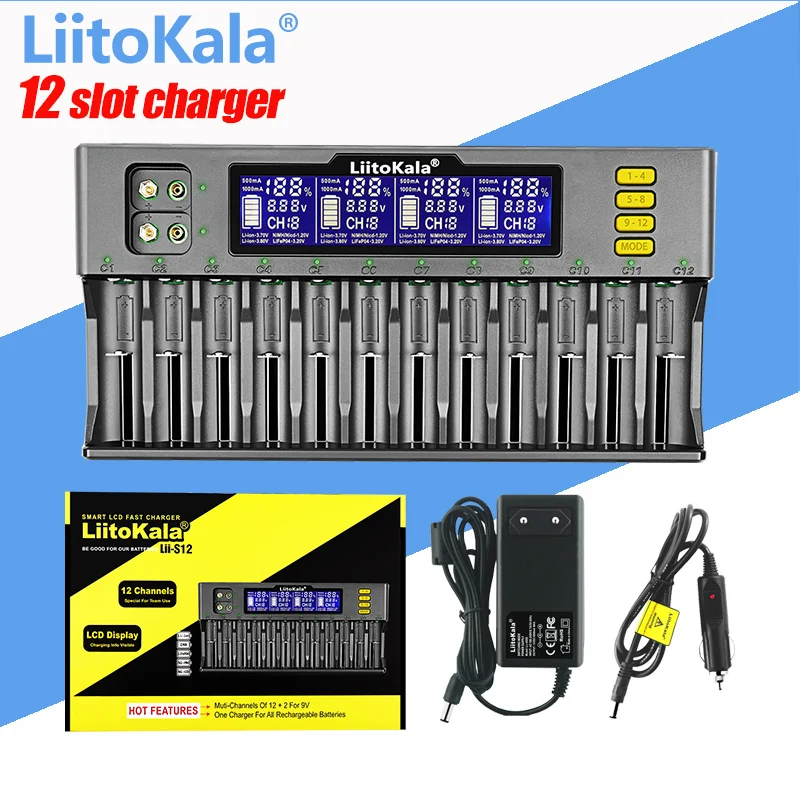 LiitoKala Lii-S12 12-Slot 18650 แบตเตอรี่ชาร์จสําหรับ 20700 26650 21700 14500 10440 16340 1.2V 3.7Vแบตเตอรี่