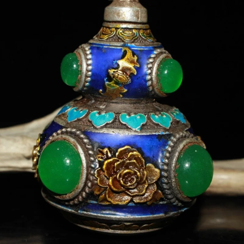 Coleção inicial incrustada jade banhado a ouro puro branco cobre cabaça garrafa de rapé ornamento fino acabamento a condição é como mostrar