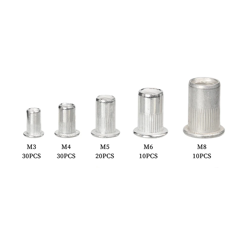 100Pcs Aluminum Flat Head Rivet Nuts Set Insert Nutsert Cap Rivet Nuts Insert Rivets Set Assortment Rivet Tool Kit M3/4/5/6/8
