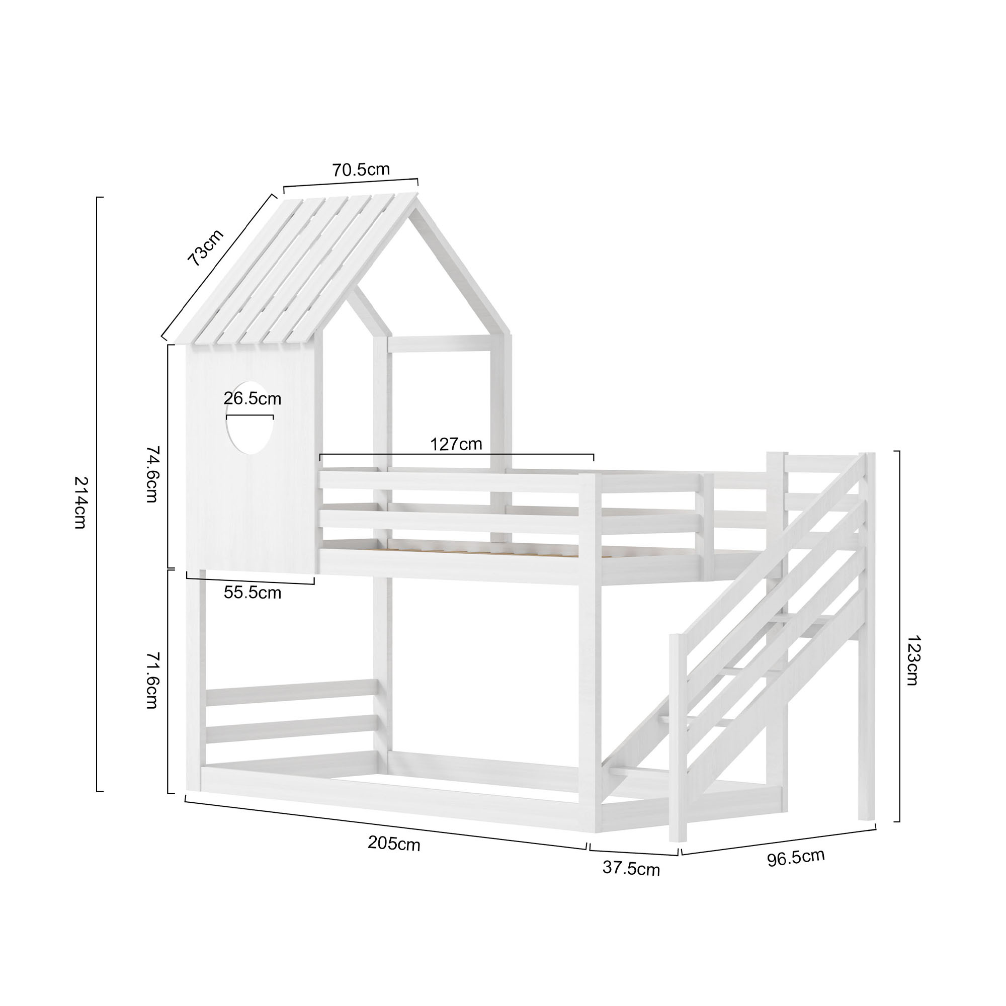 Lit superposé avec escalier d'angle, lit de maison, lit d'enfant avec protection contre les chutes, avec fenêtre, cadre en pin, 200x90cm