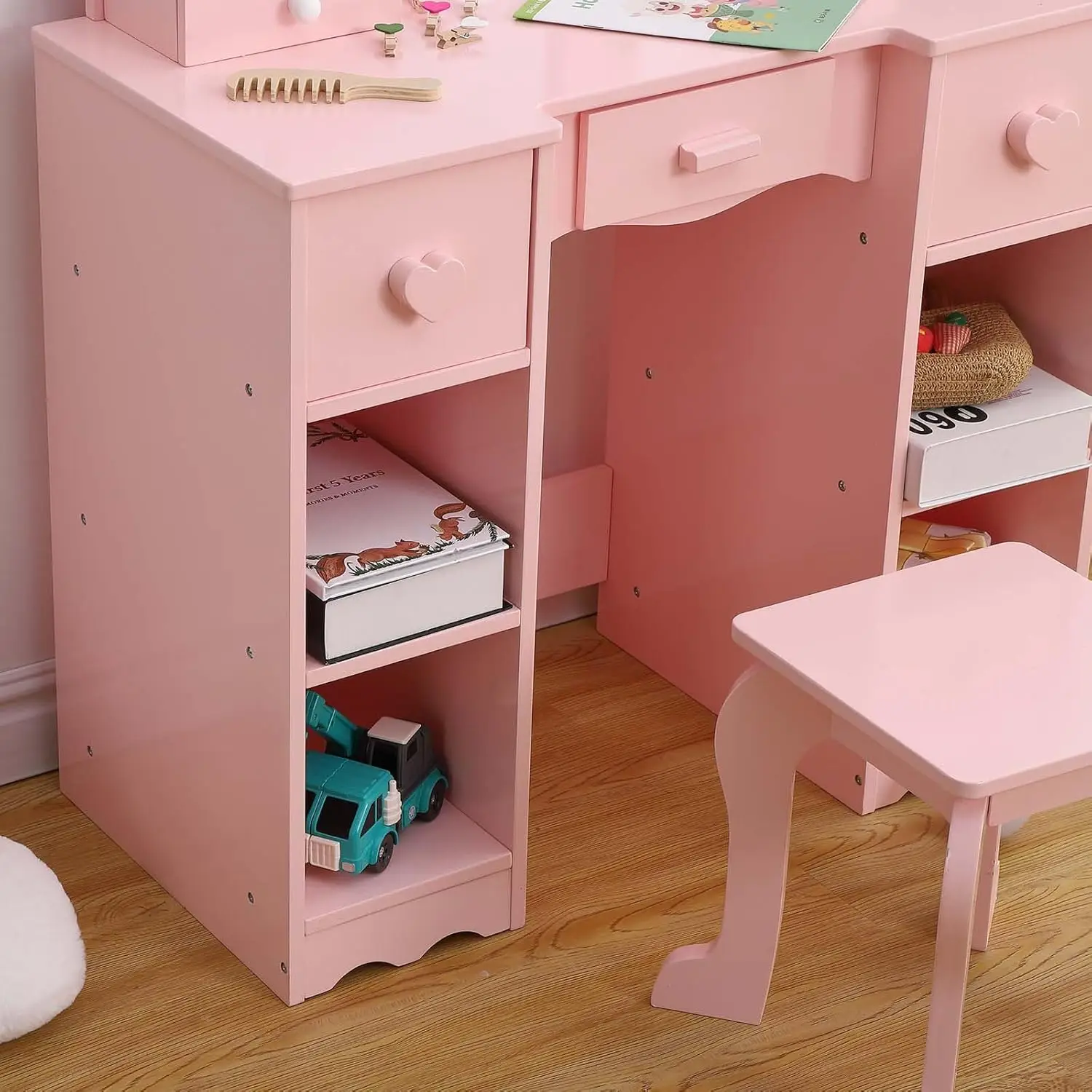 Toeletta per bambini Vanity per ragazze con specchio triplo pieghevole Scaffali aperti Set da gioco per trucco con sedia per bambini piccoli