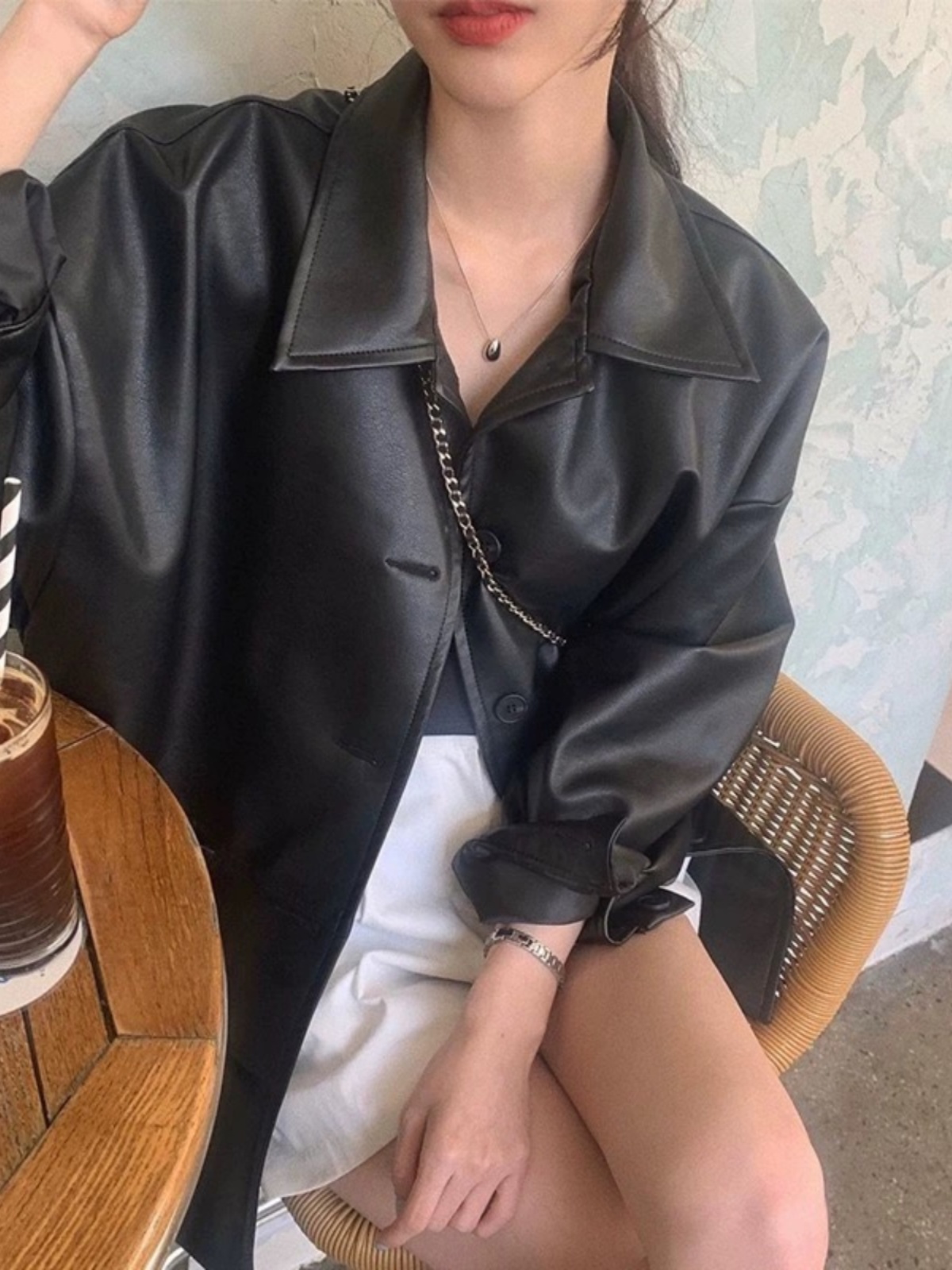 Chic Summer PU Leather Jacket Women's Loose Long Sleeve Polo Collar Single Button Casual Versatile Outerwear Fashionable