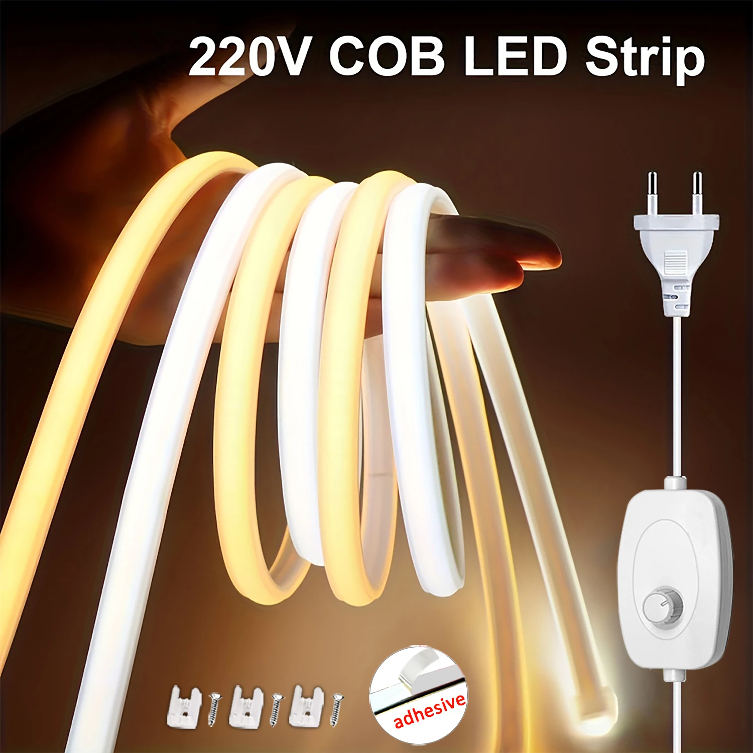 Tira de luces Led autoadhesiva de 220V con interruptor de atenuación, tira de luces Led COB, cinta Flexible para habitación, cocina, jardín al aire libre