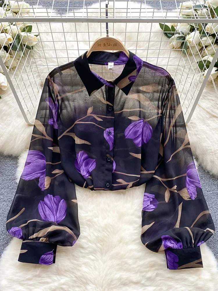 ฤดูใบไม้ผลิฤดูใบไม้ร่วงแฟชั่น Retro ชีฟองดอกไม้เสื้อพิมพ์หลวมพัฟแขนเสื้อปุ่มขึ้นเสื้อหญิง GD611
