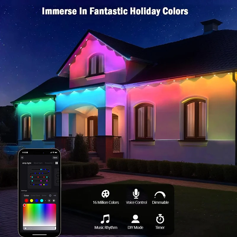 Guirnalda de luces LED RGB para exteriores, iluminación de aleros permanentes con aplicación, resistente al agua, ideal para Navidad, cumpleaños y fiestas, 20M