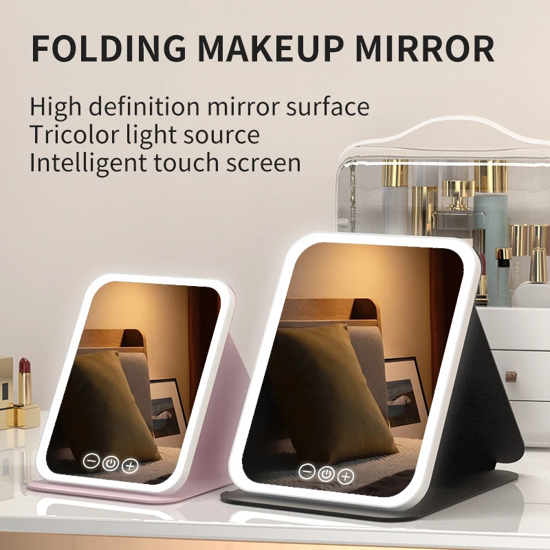 Espejo de maquillaje LED regulable de 3 colores con pantalla táctil, espejo de maquillaje cosmético plegable, mesa recargable para viajes y uso doméstico