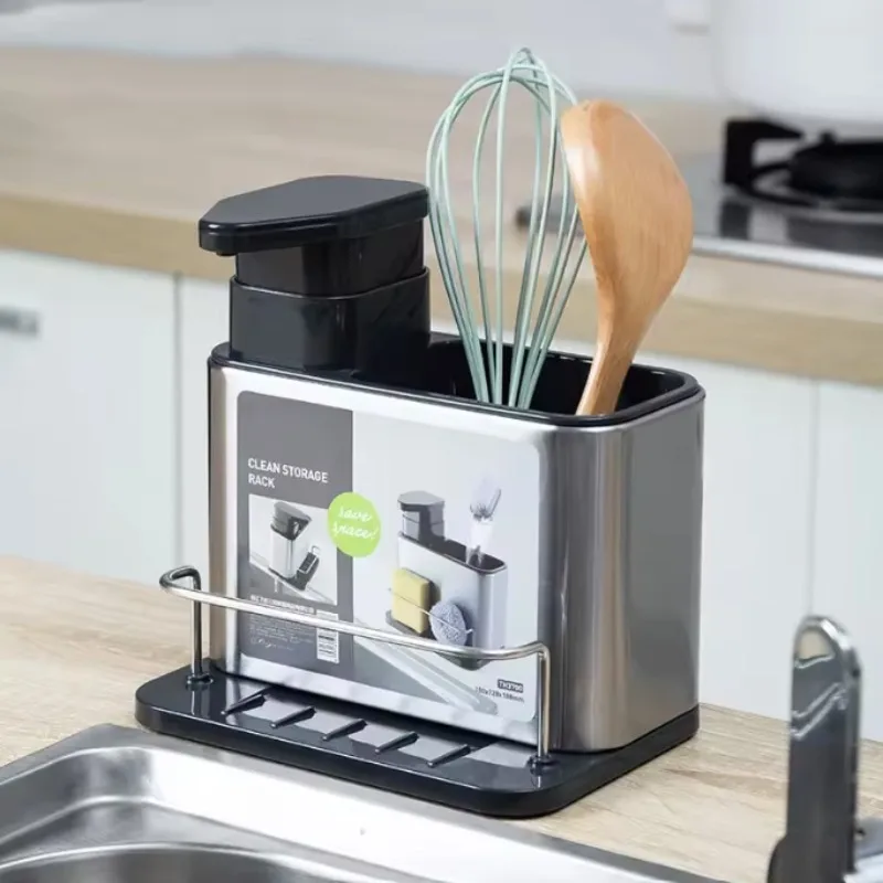 Dispensador de sabão de cozinha 3 em 1, com suporte de esponja, aço inoxidável, prato fácil de limpar, tamanho compacto, cabe na pia