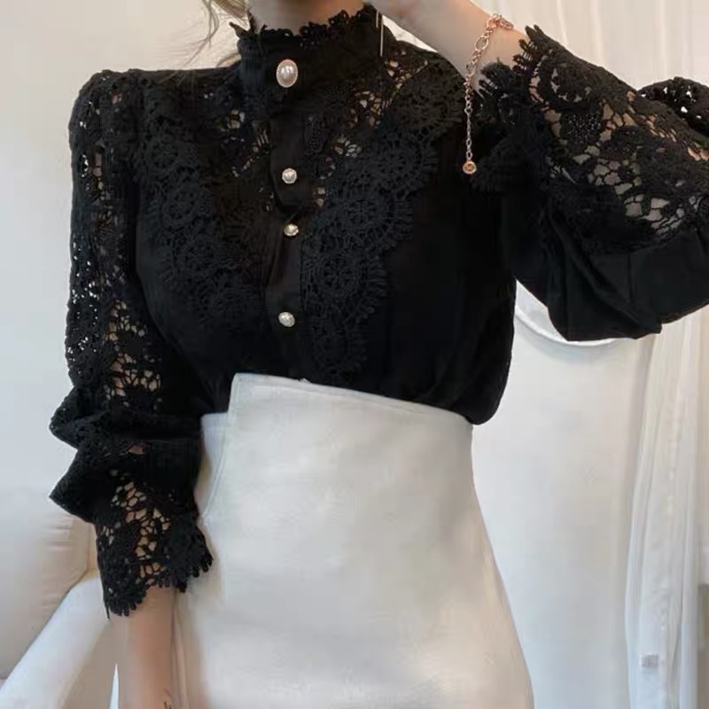 Elegant Lace Tops Embroidery Hollow Out Solid Stand Collar Female Tunic Plus Size Petal Sleeve Spring Womens Tops And Blouses