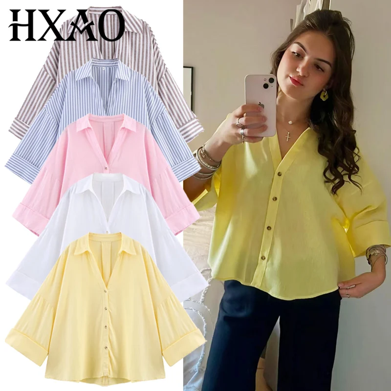 HXAO Camisa feminina blusa grande camisa e blusa de verão amarelo rosa branco listrado camisa elegante tamanho grande camisas de manga comprida