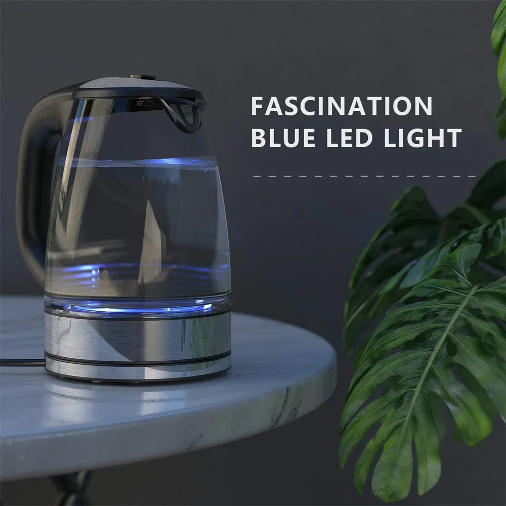 DEVISIB 2L 대용량 전기 주전자, 2200W LED 표시기, 탈착식 필터 유리 본체, 커피 차 온수 보일러용