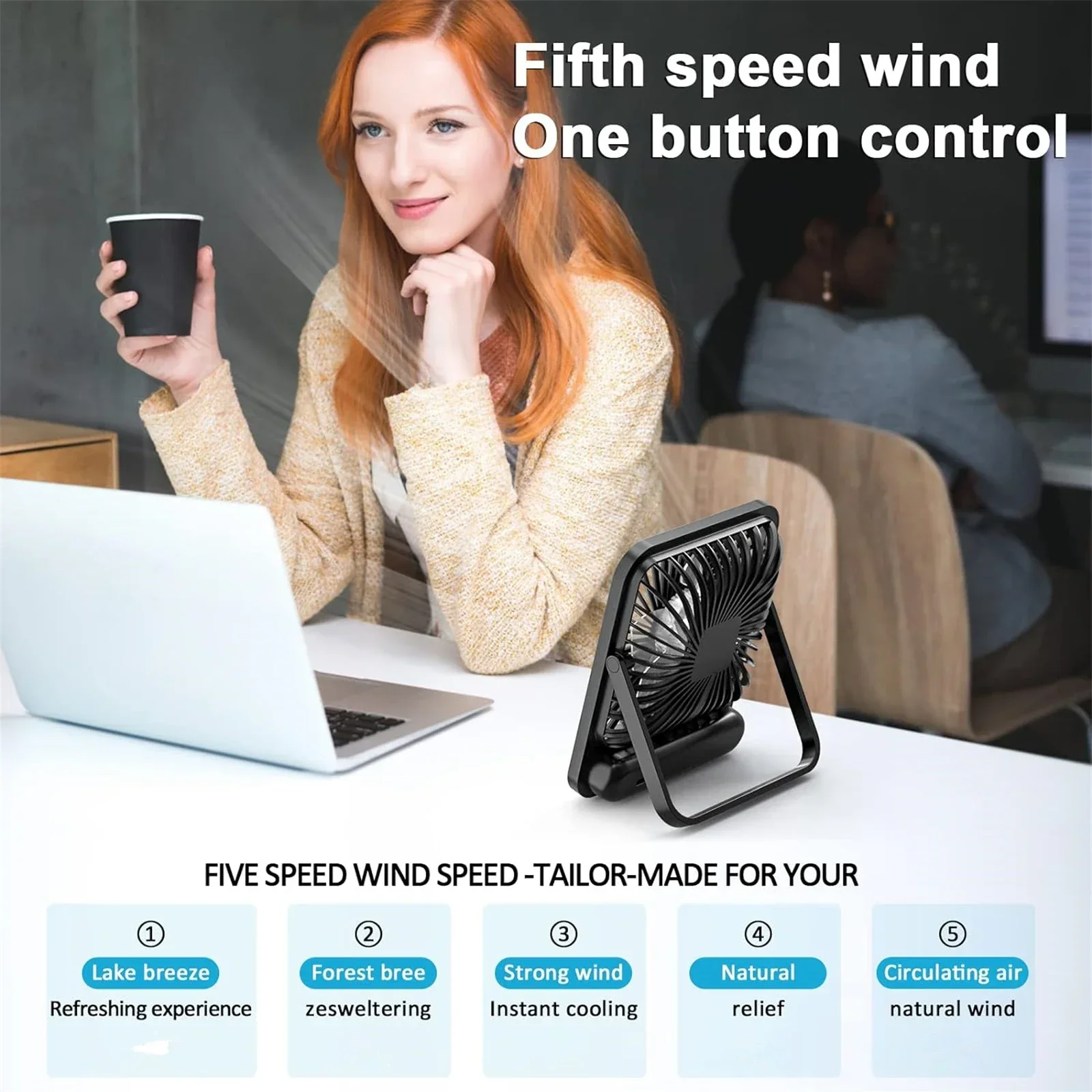 Ventilador de mesa recarregável USB portátil ultra silencioso com display de energia 180 °   Ventilador pessoal dobrável de 5 velocidades com inclinação