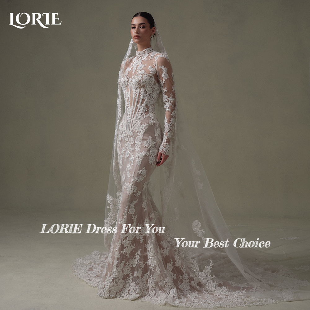 LORIE Vintage Spitze Meerjungfrau Hochzeit Kleid Sexy Hohe Kragen Langarm Braut Party Kleid Backless Prinzessin Braut Kleid Angepasst