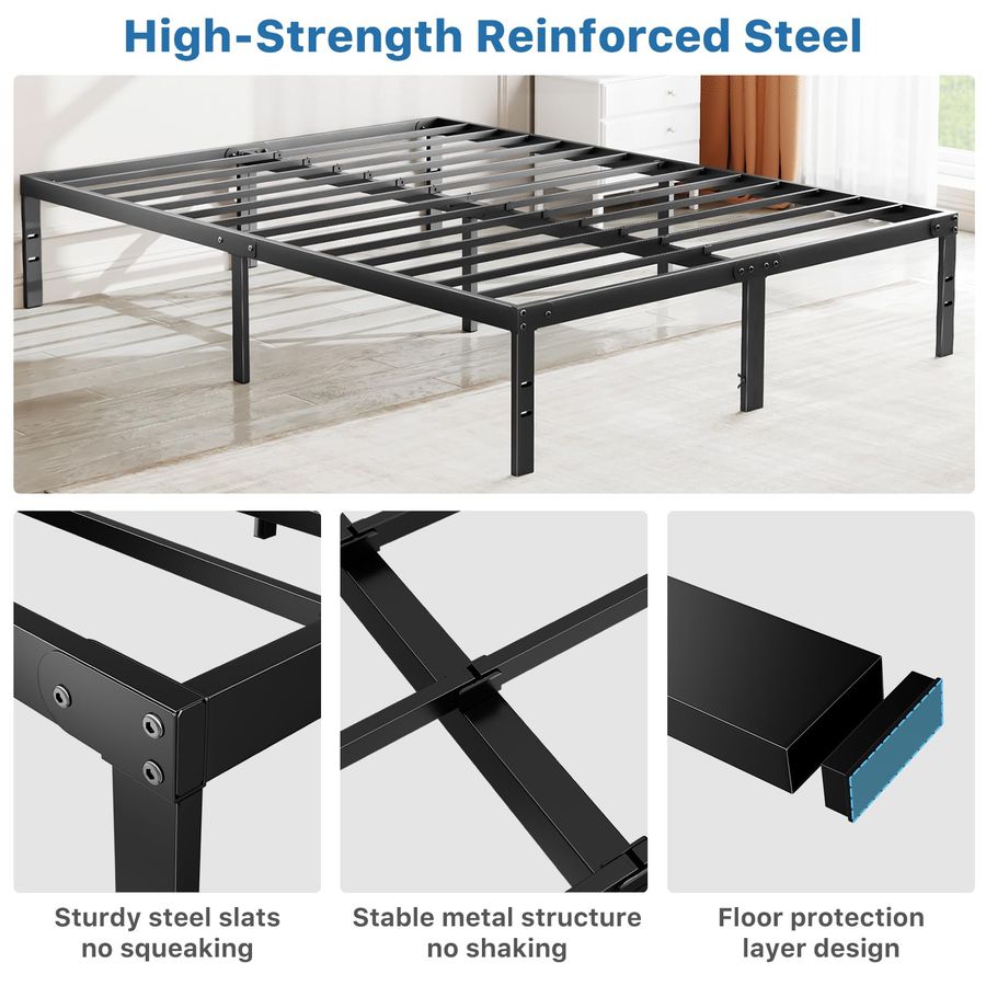 Metal Queen Bed Frame 14in High with Storage Space, No Box Spring Needed with Sturdy Steel Slat Support, 2200LBS Heavy Duty for