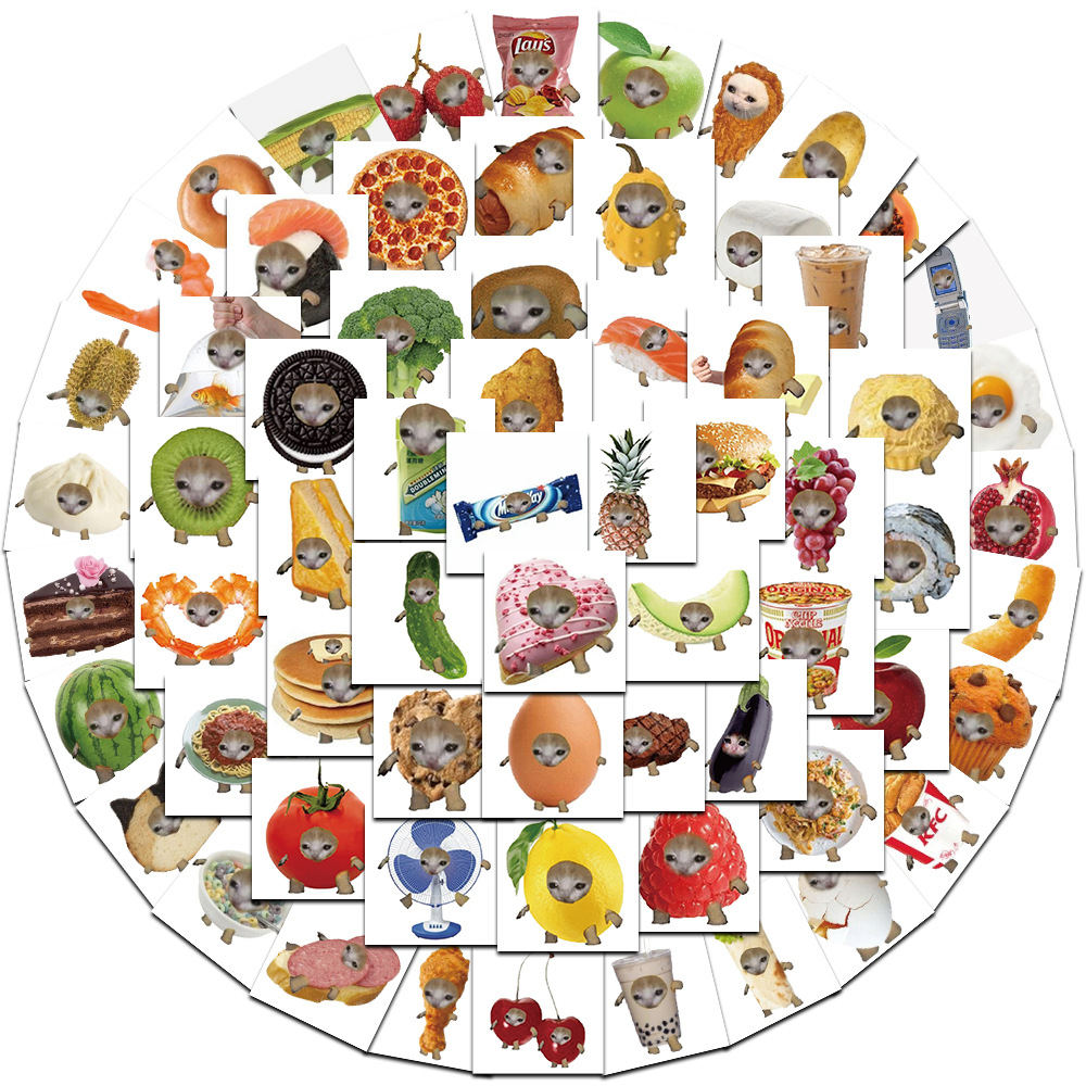 69PCS Meme Cat Food Cute Graffiti Stickers Set Toy Luggage Laptop iPad Skateboard Phone Car - Funny Cat Themed Decals Collection