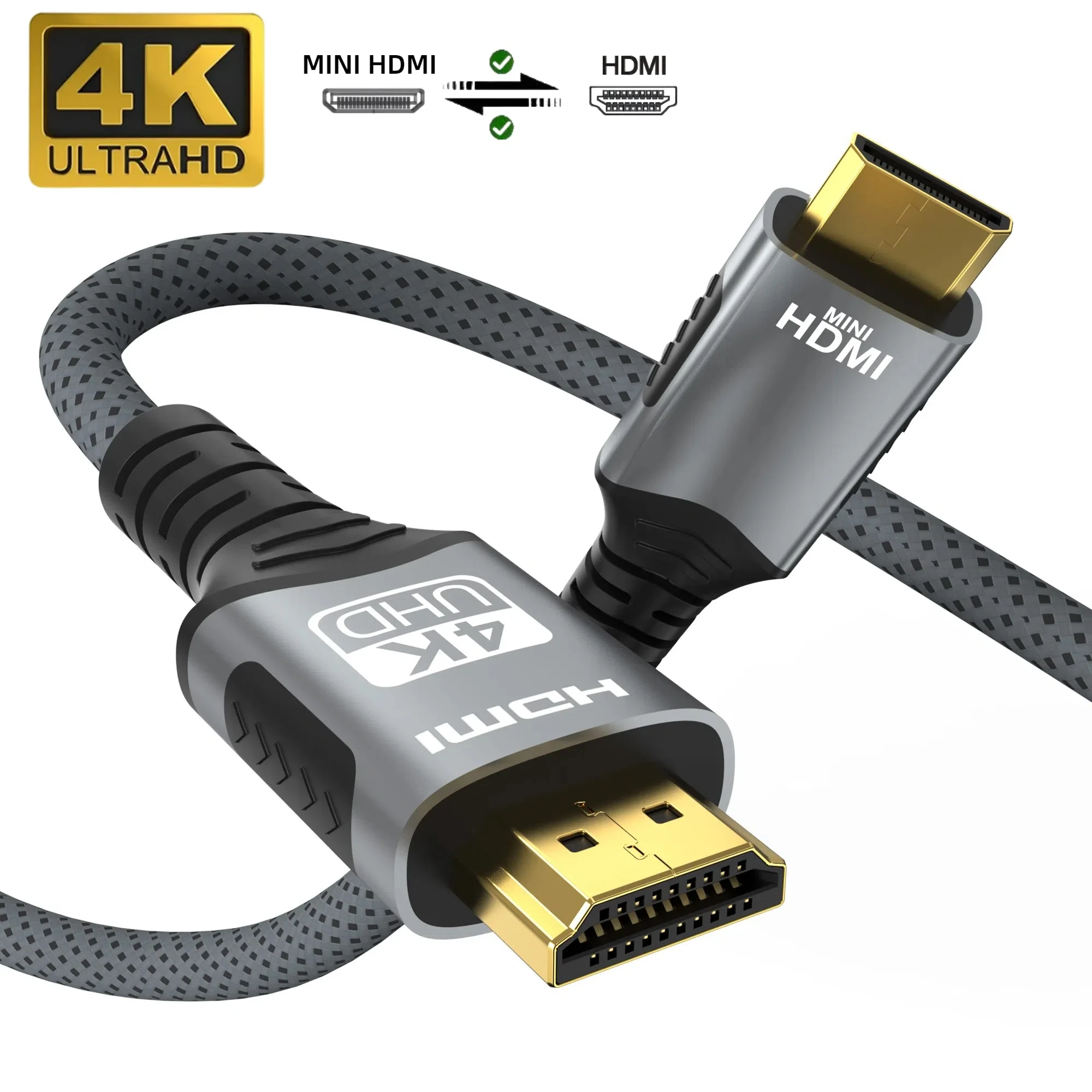 Cable trenzado Mini/Micro HDMI a HDMI, 4K @ 60Hz, compatible con HDMI, macho a macho, bidireccional, 2,0, 18Gbps, para Monitor de cámara