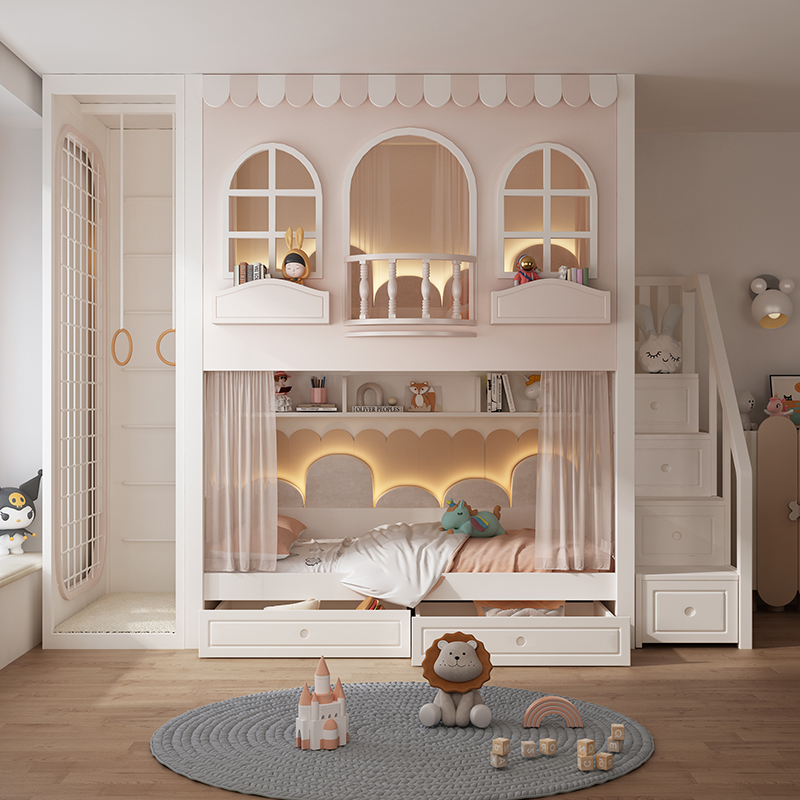 Upper and lower beds All solid wood high and low beds Multifunctional with arches Climbing frame Tree house bed Children's bed
