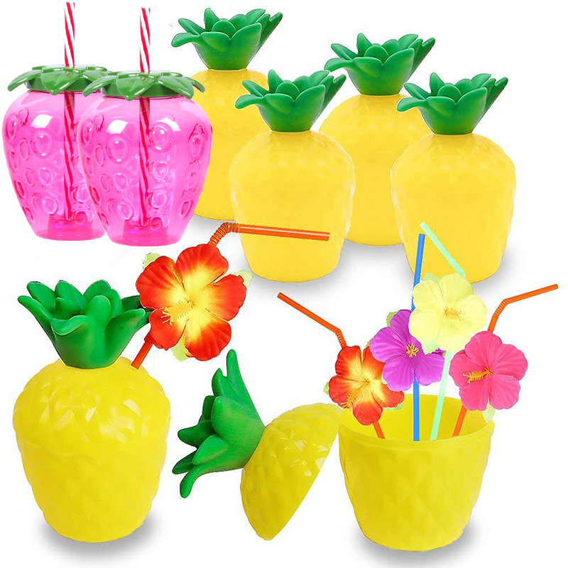 6/10pcs Hawaiian Summer Pineapple Coconut Drinking Cups Strawberry Shaped Juice Drink Cups for Birthday Wedding Beach Pool Party