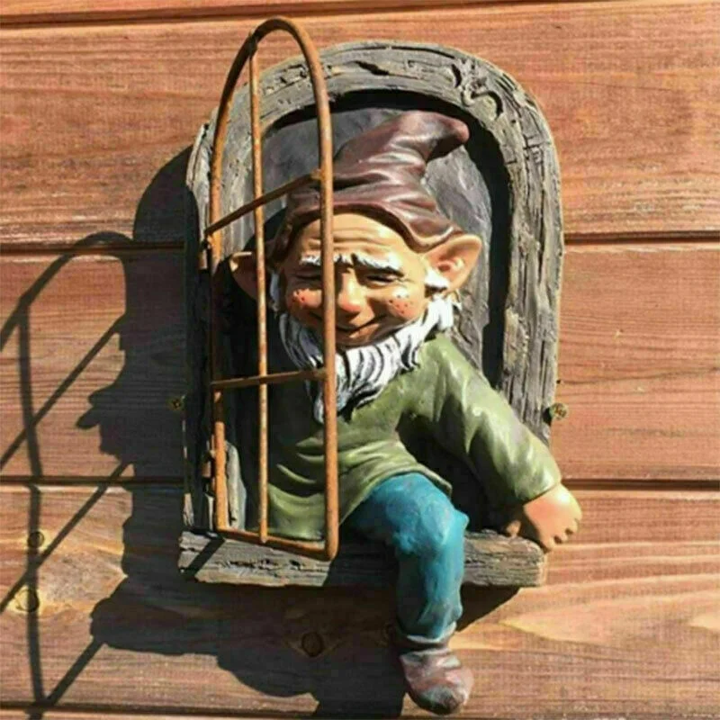 Elf Out The Door/Window Tree Hugger Naughty Garden Gnome Statue Tree Decor