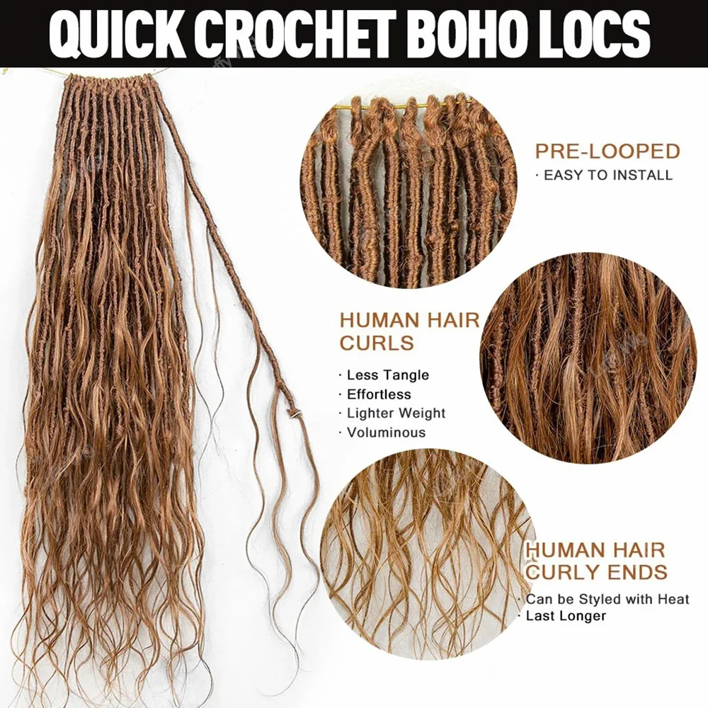 Boho locs com cabelo humano encaracolado termina pré-loop extensões de tranças falsas sem nós deusa macia crochê trança cabelo onda do corpo