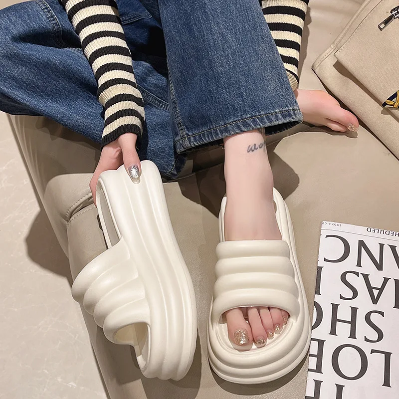 Litfun sandal pantai wanita, Kasut sol tebal warna polos Anti Slip ringan untuk dalam ruangan