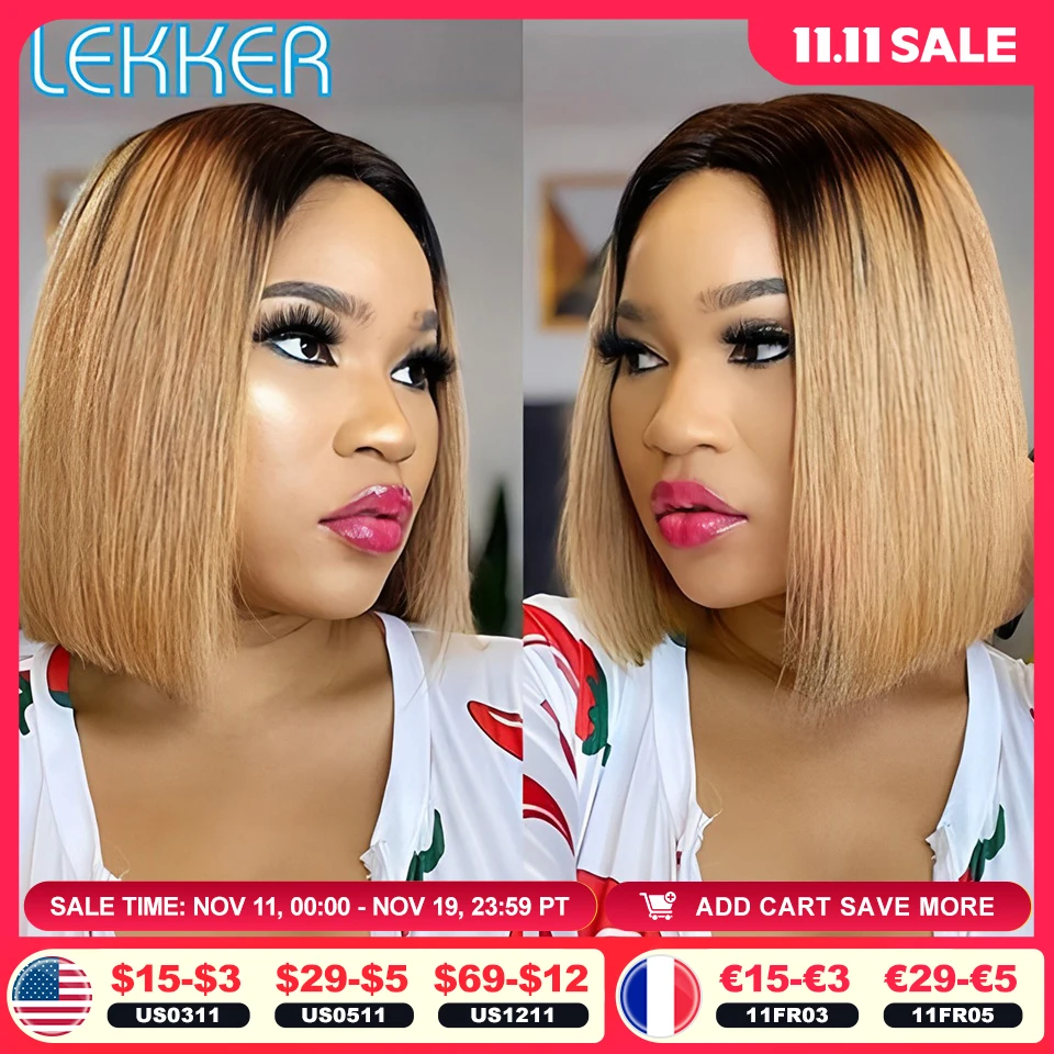 Lekker ombre loira curta reta bob 13x1 t frente do laço 100% perucas de cabelo humano para as mulheres sem cola brasileiro remy folga do cabelo