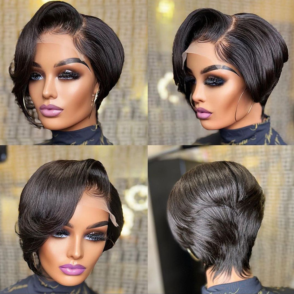 Kurze Bob Pixie Cut Perücke Spitze Frontal Gerade Transparente Spitze Front Echthaar Perücken Für Schwarze Frauen Vorgezupftes Brasilianisches Haar