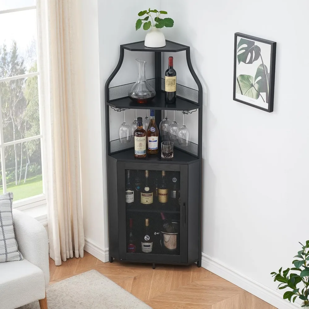 Corner Bar Cabinet, Wine Bar Cabinet with Large Storage Space and Detachable Wine Rack, Wine Cabinets with Glass Holder