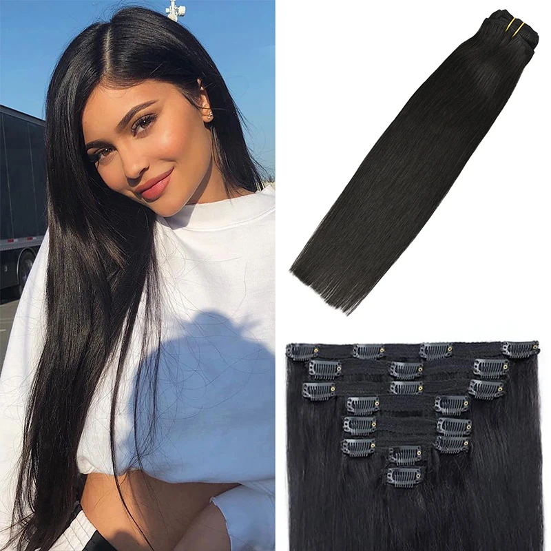 Clip in Haar verlängerungen Echthaar 120g remy gerade Echthaar verlängerungen für Mode Frauen 8 stücke natürliches Schwarz # 1b