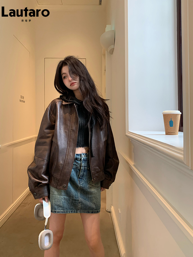 Lautaro Spring Autumn Cool Retro Waterproof Distressed Brown Pu Leather Jackets for Women Zipper Maillard Style Clothes 2024