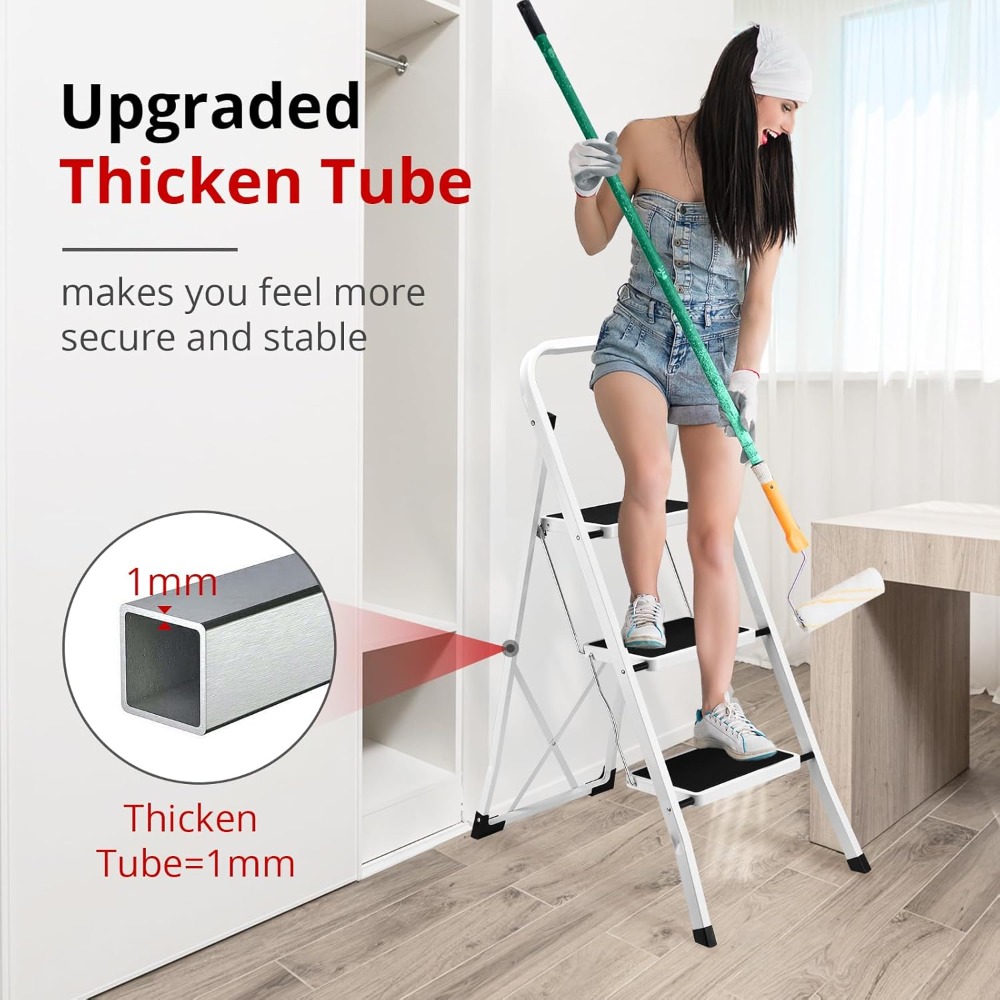 SONGMICS Step Ladder, 3-Step Ladder, Folding Ladder, Safety Lock, Space-Saving Storage, 150 kg, Dove Grey/Simiply White