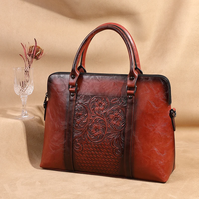 OYIXINGER Nữ Cặp Cao Cấp Dập Nổi Vai Vintage Hoa Ngắn Da Nữ 14 Inch Túi Xách