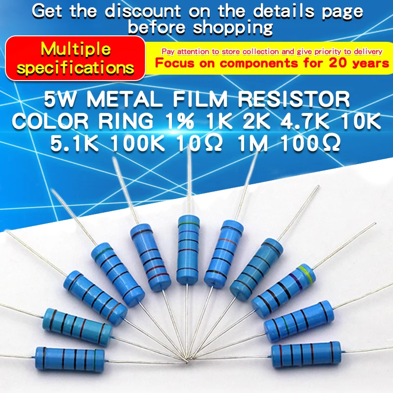 10 Cái 5W Kim Loại Phim Điện Trở 1% 1Ω - 1MΩ 2 2.2 10 15 47 100 120 390 470 820 1K 1.2K 3K 8.2K 22K 20K 33K 47K 150K 330K 560K Ohm