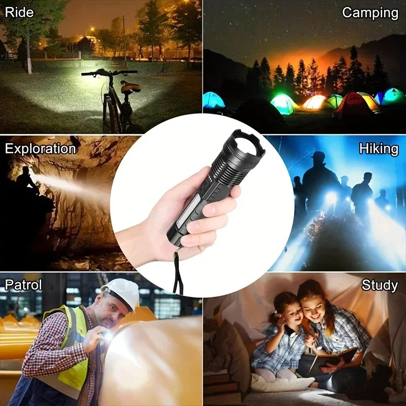 XPHP50 LED Tactical Powerful Flashlight Zoomable Waterproof COB Side Light Camping Torch 7 Modes USB Rechargeable Flash Lights