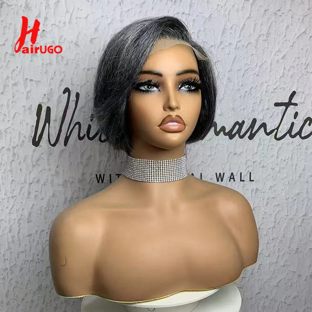 Pelucas de cabello humano con cierre de encaje 4x4 de Color gris para mujer, pelucas con cierre de encaje plateado mezclado, pelucas BOB cortas prearrancadas de 8 pulgadas HairUGo