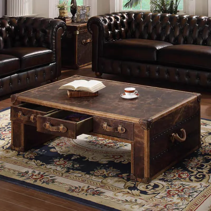Koffer-Couchtisch im amerikanischen Stil, europäischer Vintage-Couchtisch aus echtem Leder, Homestay-Zigarrenbarzimmer, Retro-Koffer-Stil