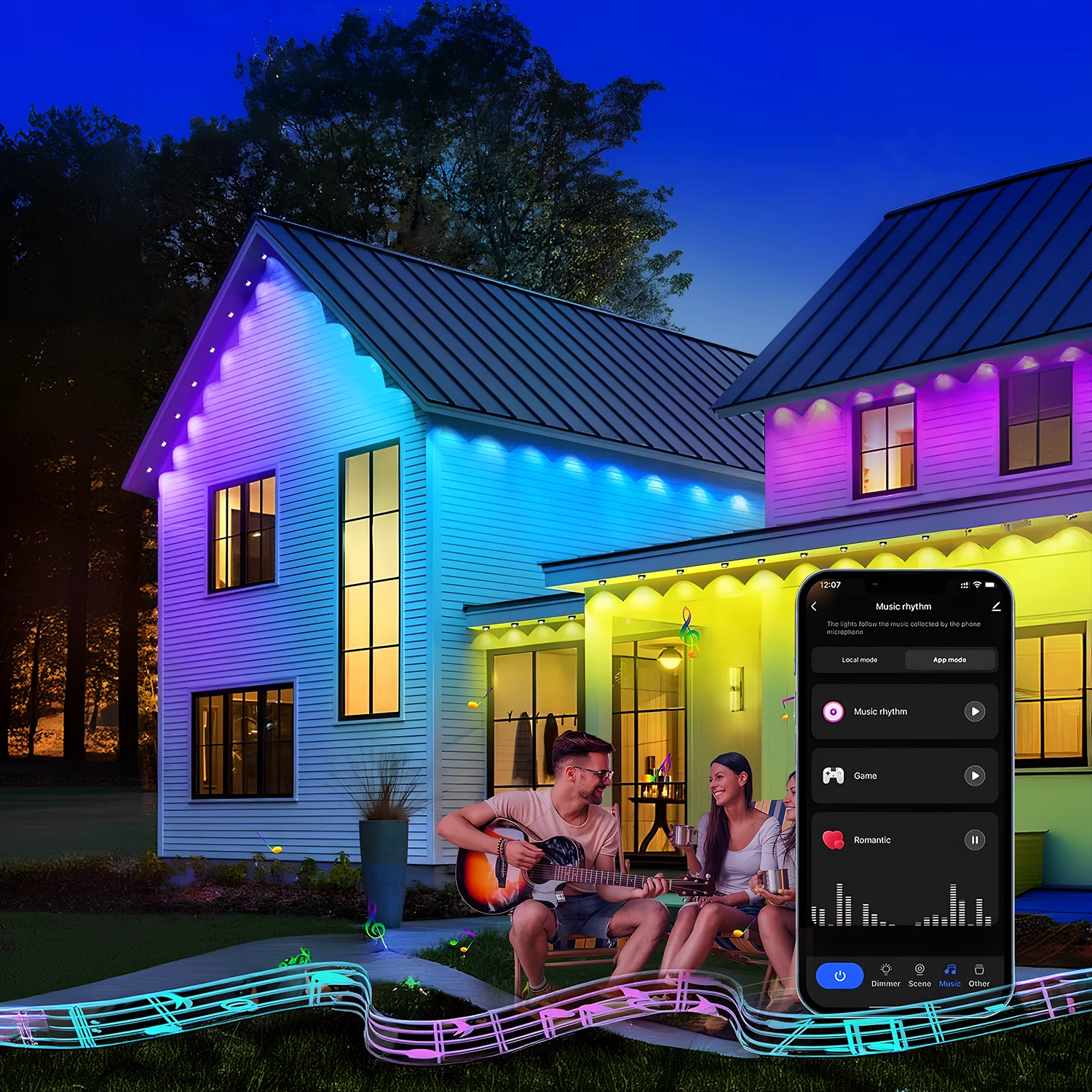 ไฟ LED ชายคาติดกลางแจ้งแบบถาวร20ม. ไฟสายแบบ rgbic อัจฉริยะกันน้ำไฟตกแต่งบ้านแบบ DIY